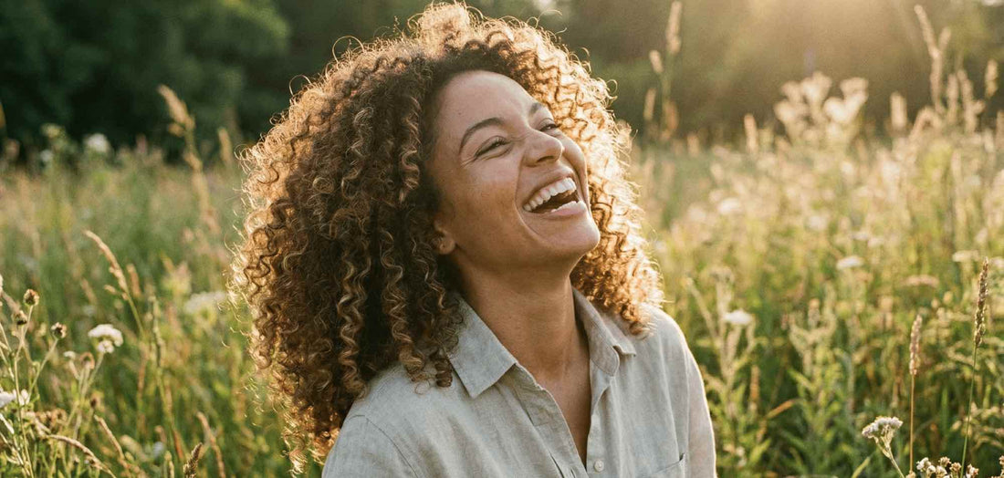 Une femme qui souris avec des cheveux bouclés