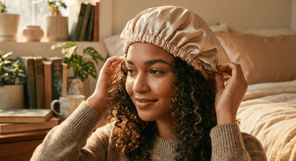 Une femme portant un bonnet en satin au réveil le matin