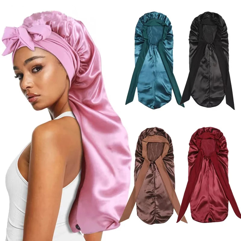 Bonnet satin cheveux longs avec attache
