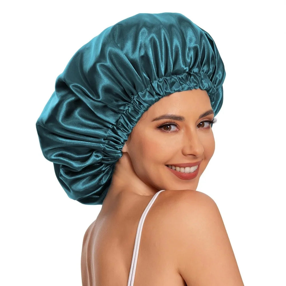 Bonnet satin curly hair bleu paon