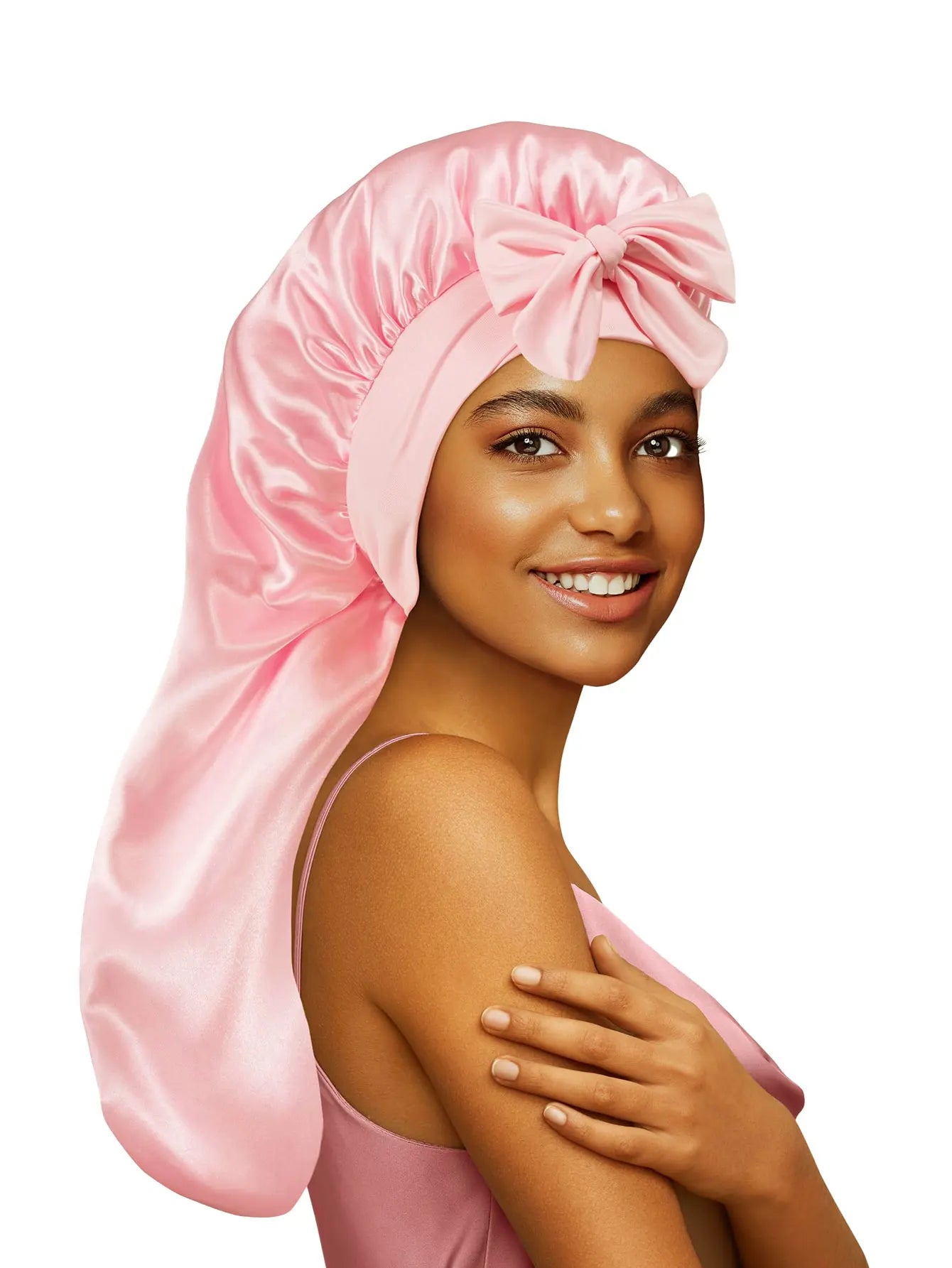 Bonnet satin cheveux longs avec attache – Maintien parfait et protection