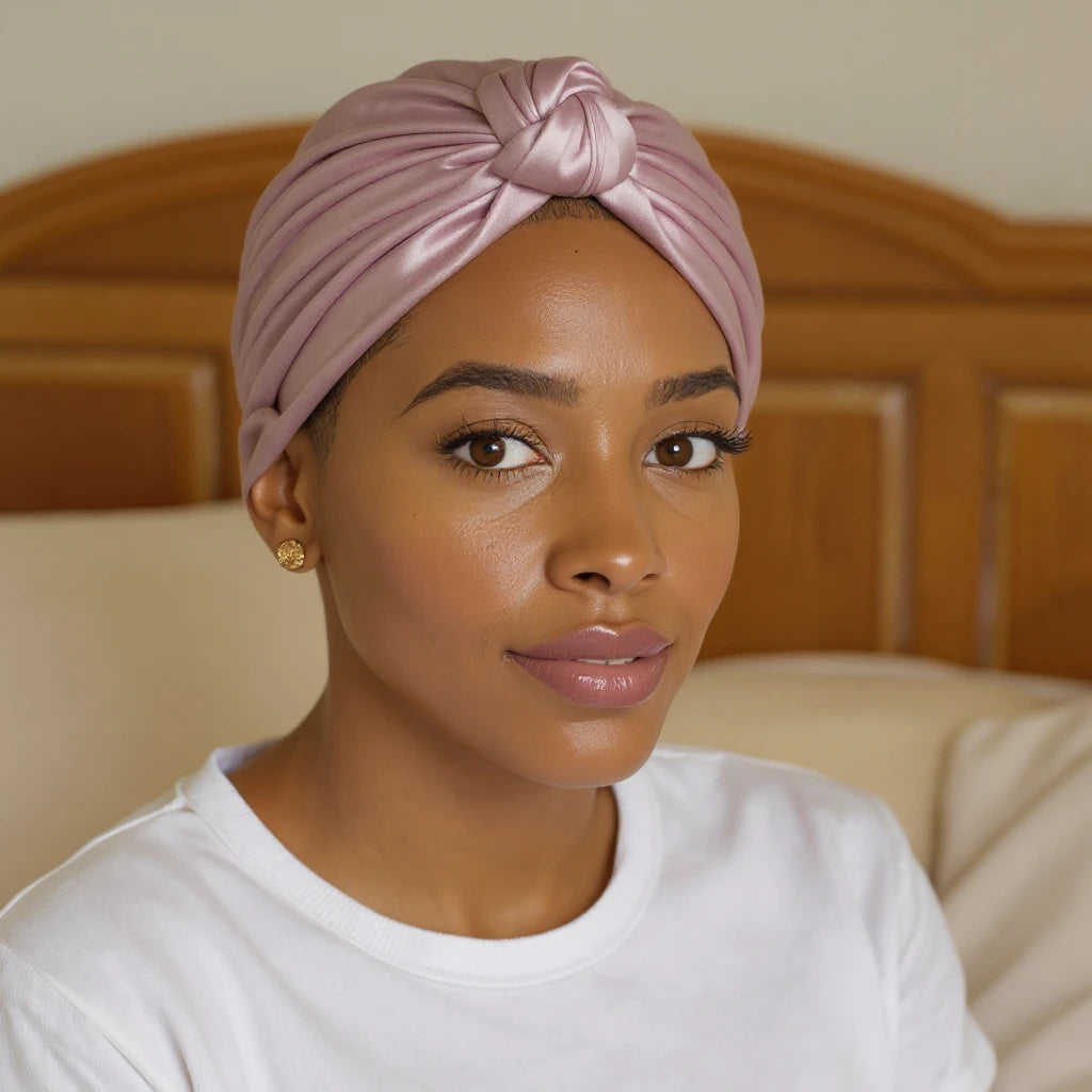 Bonnet de nuit en satin façon turban torsadé, vue de face