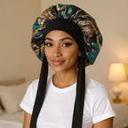 Bonnet de nuit en satin à attaches porté par femme, vue de face — soin nocturne capillaire