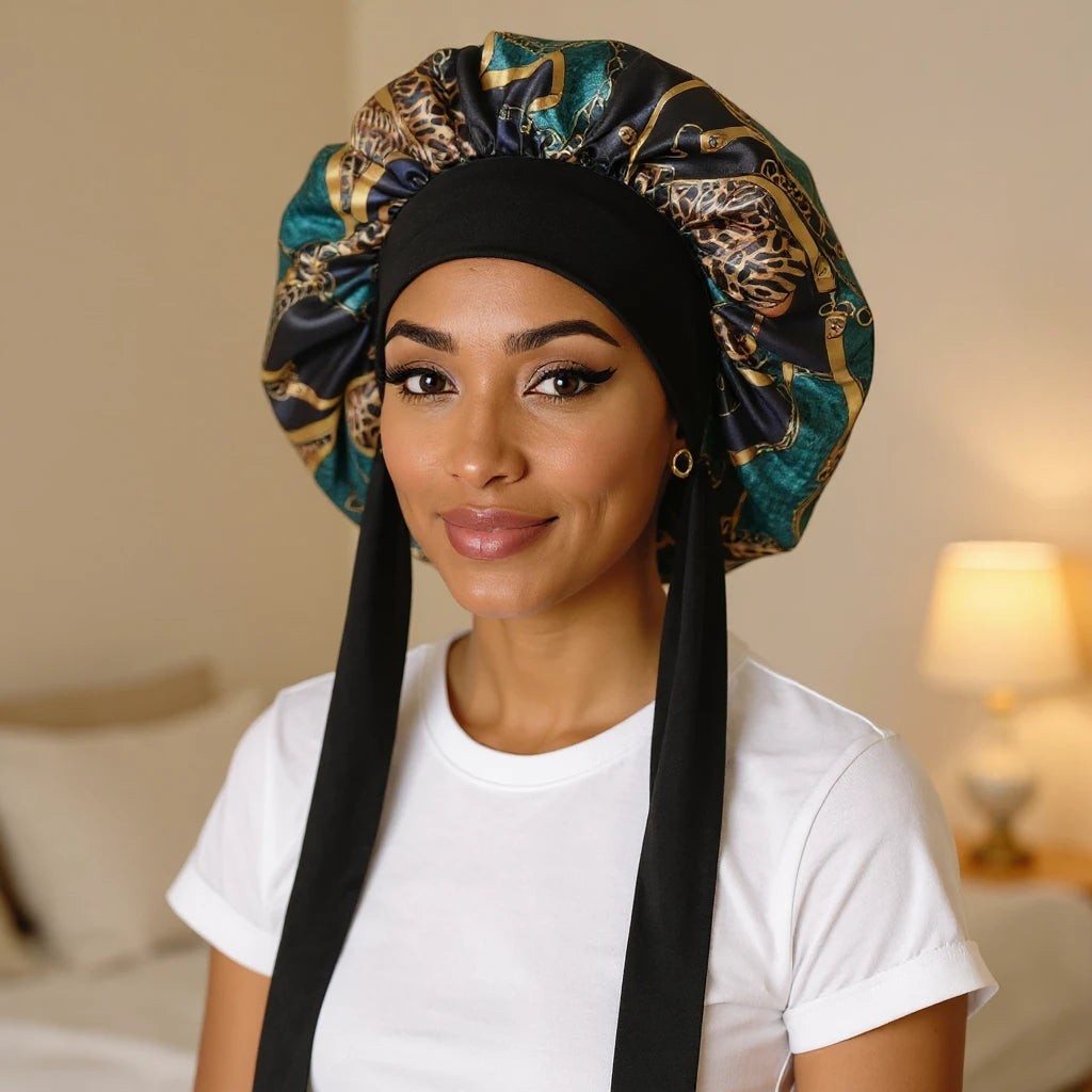 Bonnet de nuit en satin à attaches porté par femme, vue de face — soin nocturne capillaire