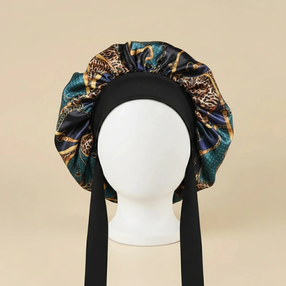 Bonnet de nuit en satin à attaches coloris Motif chaînes vert — packshot premium
