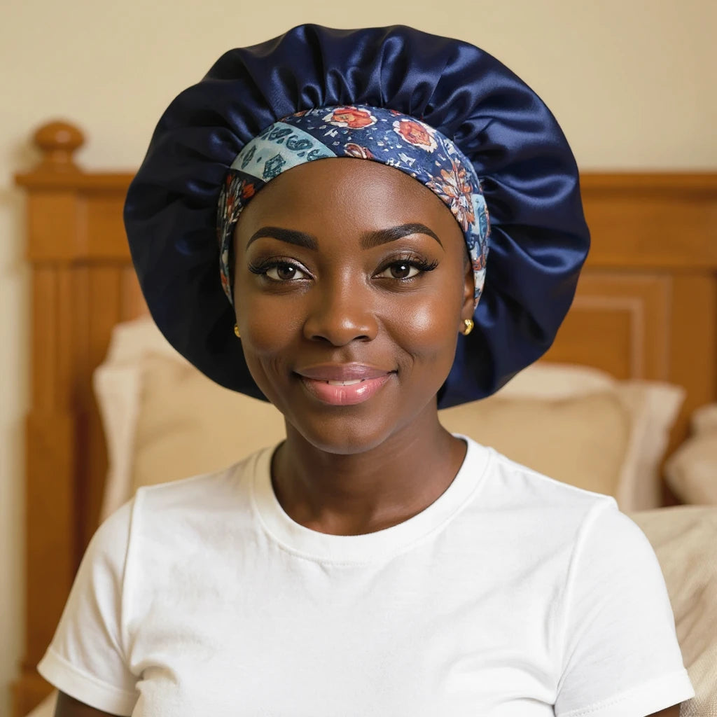Bonnet de nuit en satin à bande fleurie porté par femme, vue de face — soin nocturne capillaire