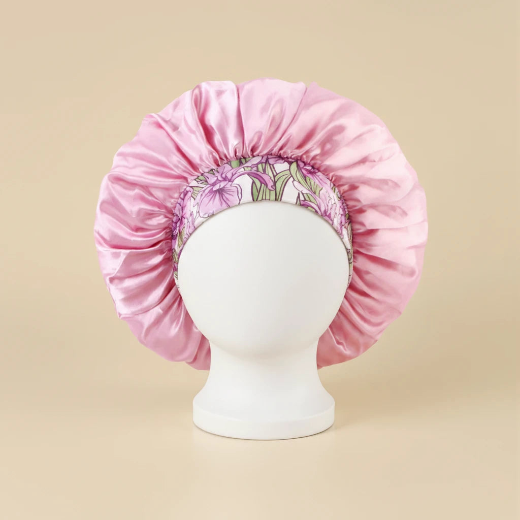 Bonnet de nuit en satin à bande fleurie coloris Rose — packshot premium