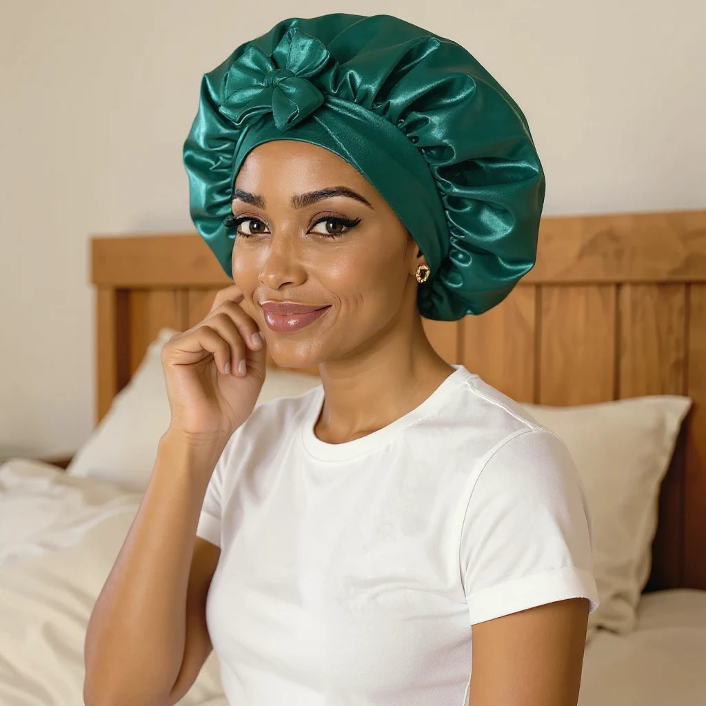 Bonnet de nuit en satin à bandeau large à nouer porté par femme, vue de profil 3/4 — détail satin