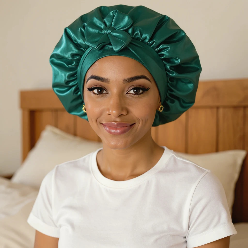 Bonnet de nuit en satin à bandeau large à nouer porté par femme, vue de face — soin nocturne capillaire