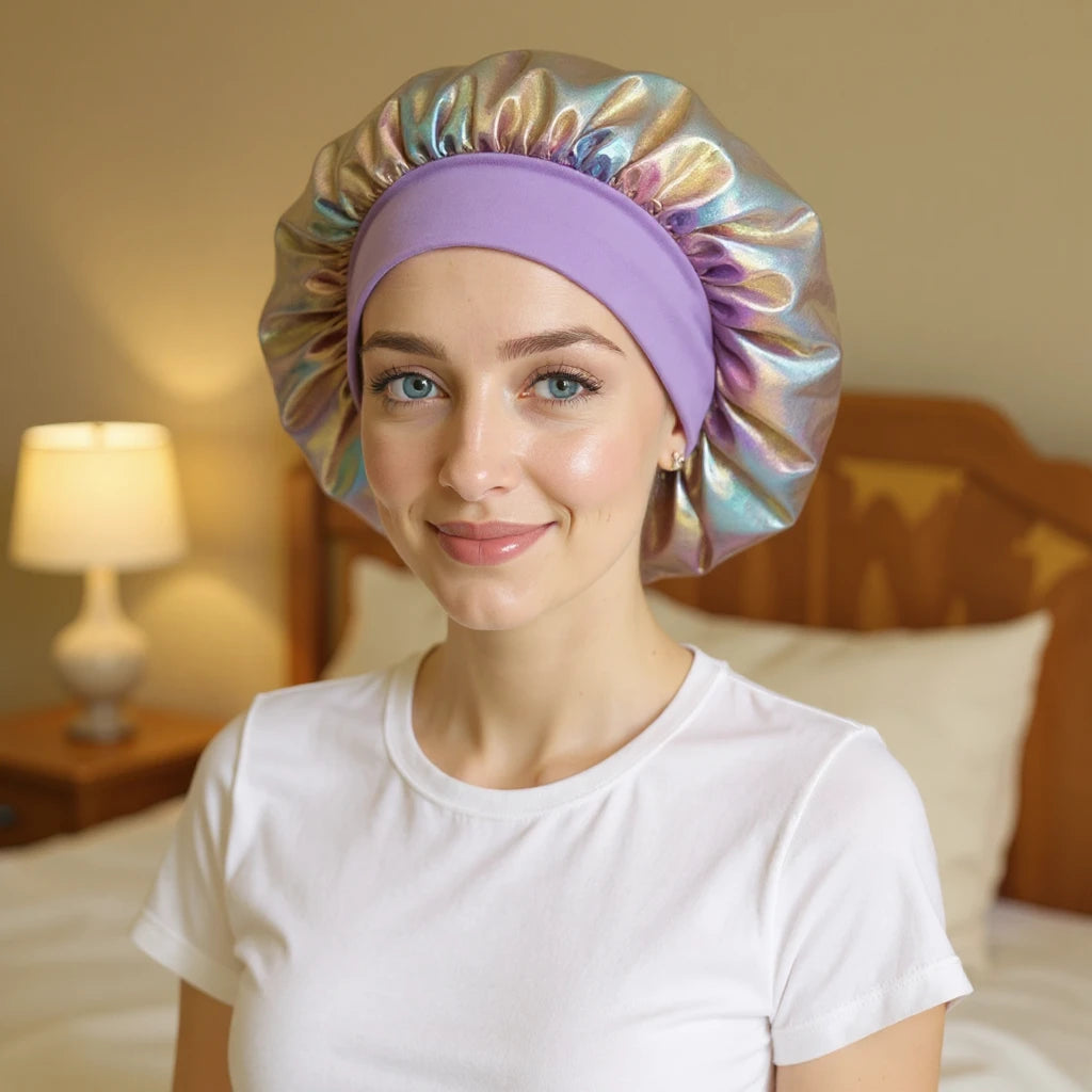 Bonnet de nuit en satin irisé porté par femme, vue de face — soin nocturne capillaire