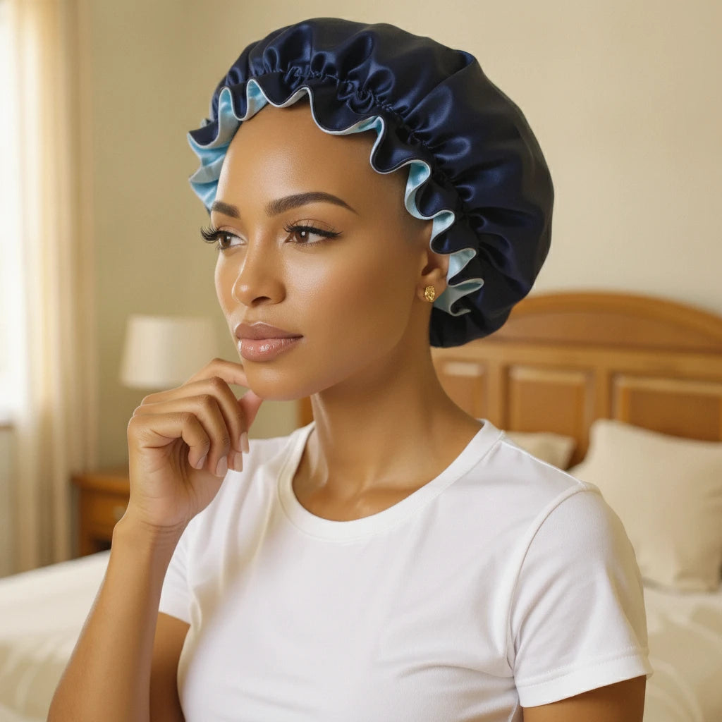 Bonnet de nuit en satin réversible deux couleurs porté par femme, vue de profil 3/4 — détail satin