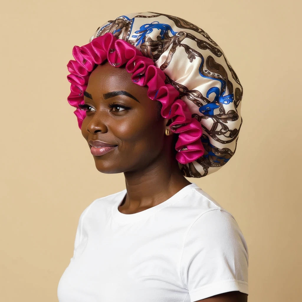 Bonnet en satin réversible à large collerette porté par femme, vue de profil 3/4 — détail satin