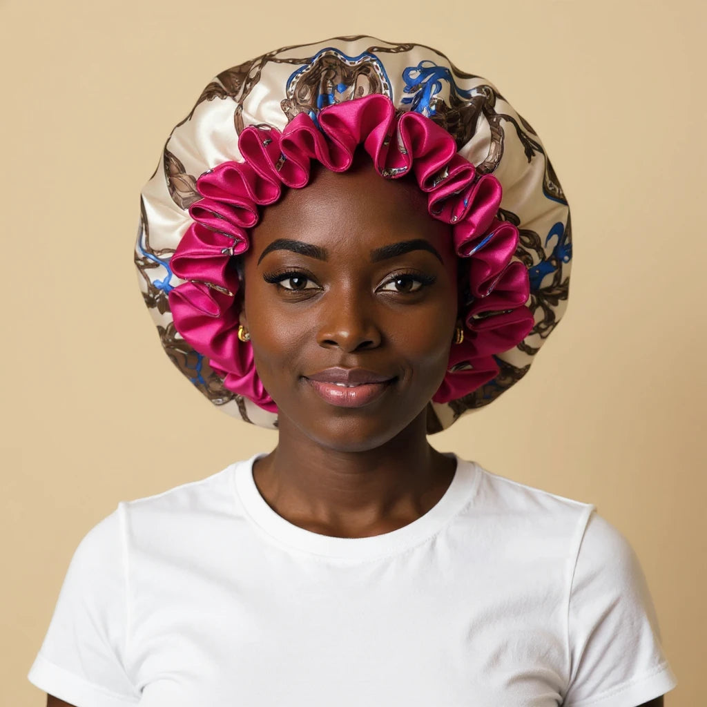 Bonnet en satin réversible à large collerette porté par femme, vue de face — soin nocturne capillaire