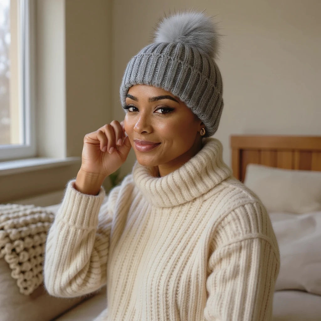 Bonnet d'hiver à pompon doublé satin, vue de profil trois quarts