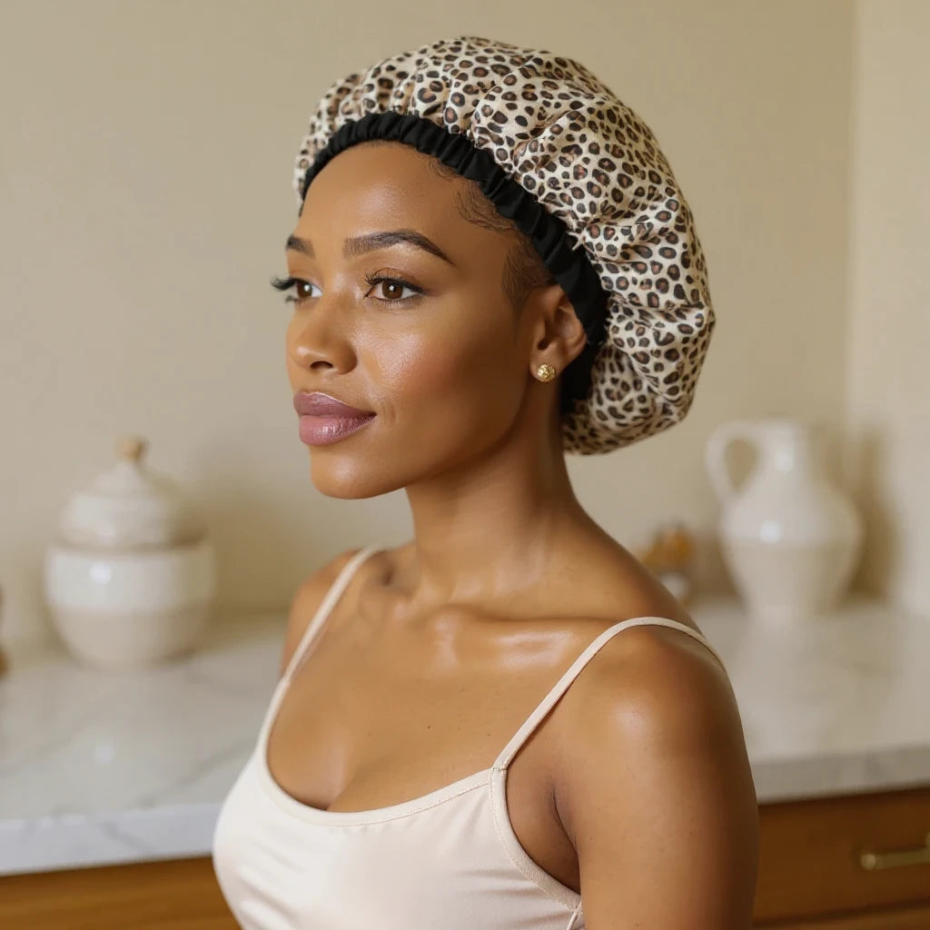 Bonnet intérieur satin imprimé animalier, vue de profil trois quarts