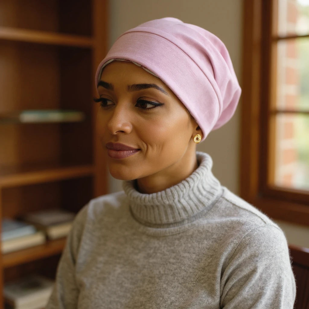 Bonnet satin sous hijab à bande, vue de profil trois quarts