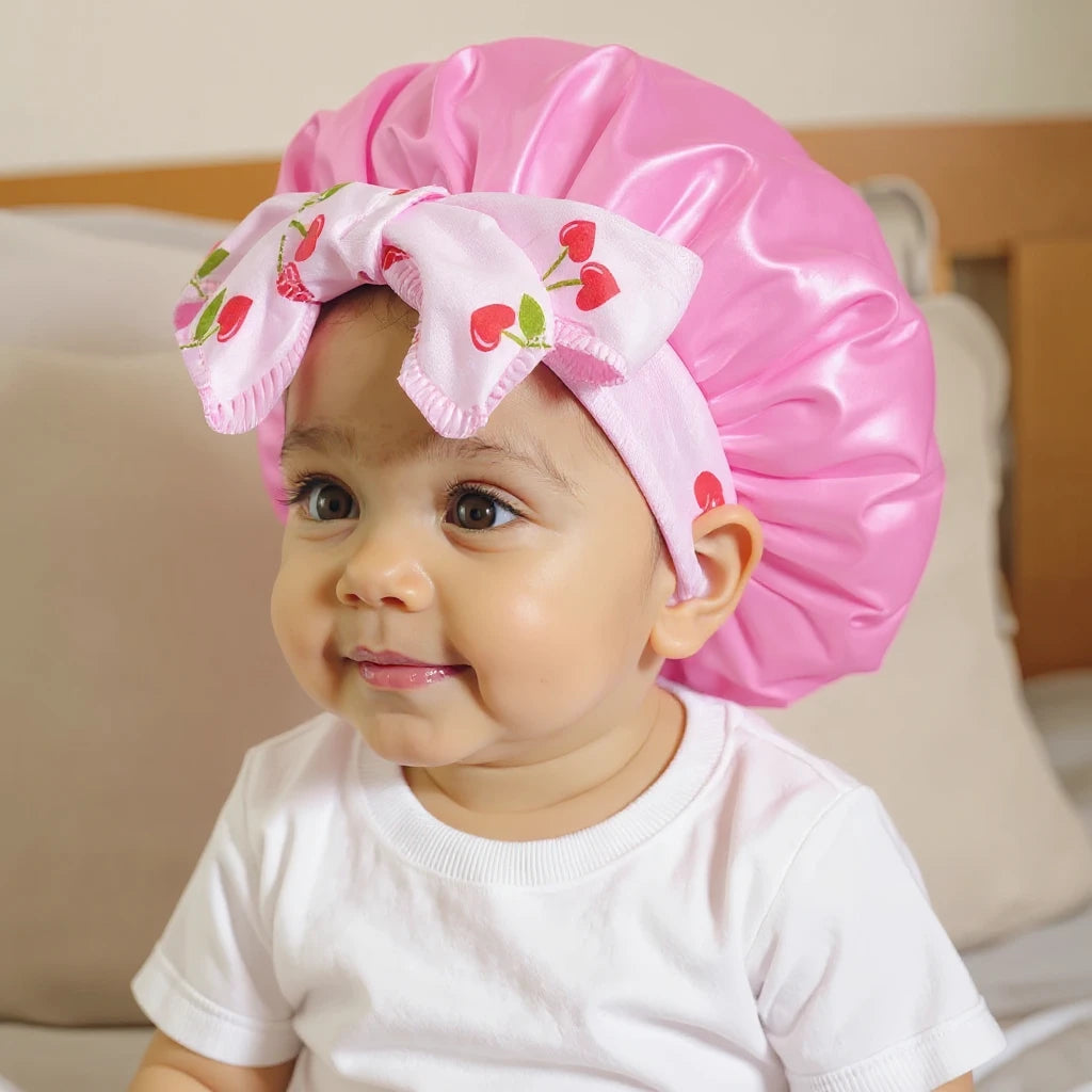 Bonnet en satin bébé à nœud cerises, vue de profil trois quarts