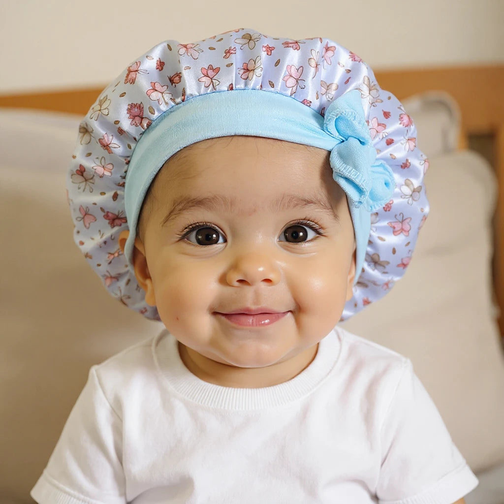Bonnet en satin bébé motif floral, vue de face