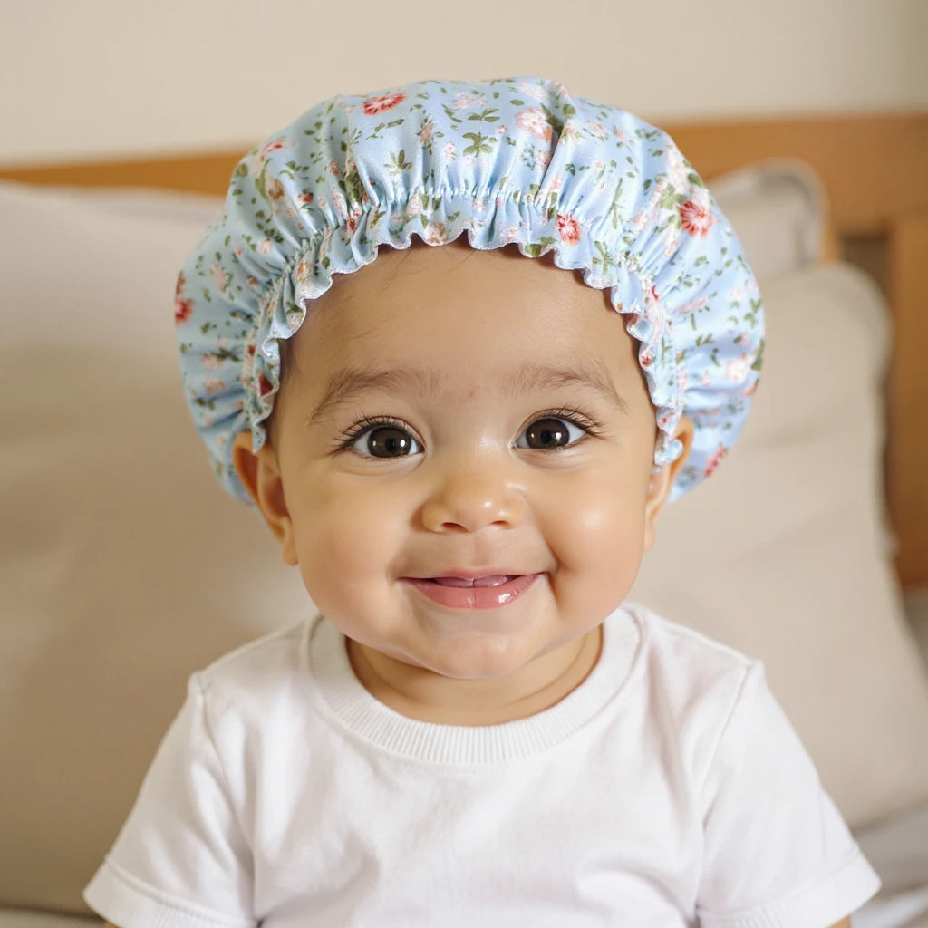 Bonnet en satin bébé motif liberty, coloris bleu clair, vue de face