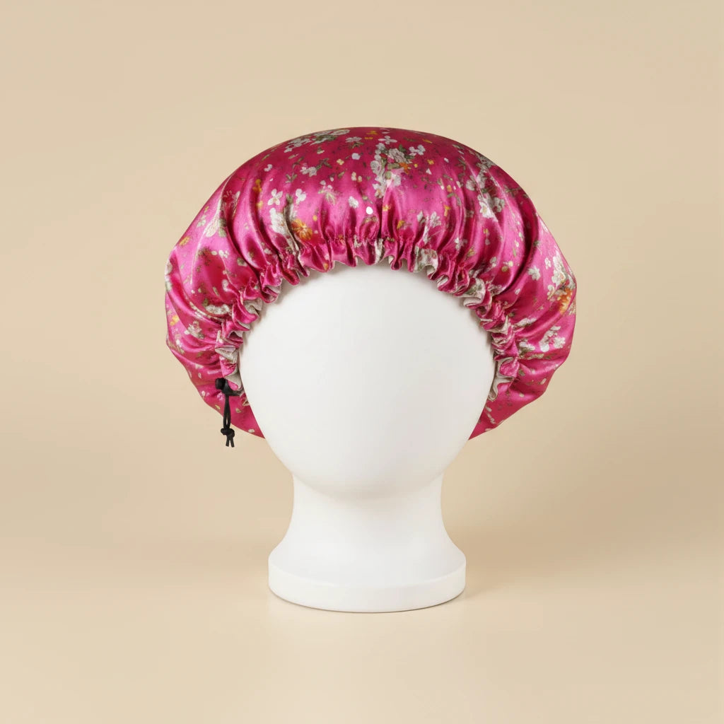 Bonnet en satin bébé motif liberty, coloris rose