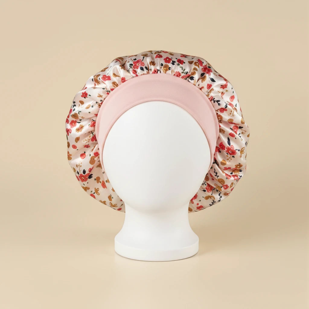 Bonnet en satin imprimé pour cheveux afro, coloris floral champagne