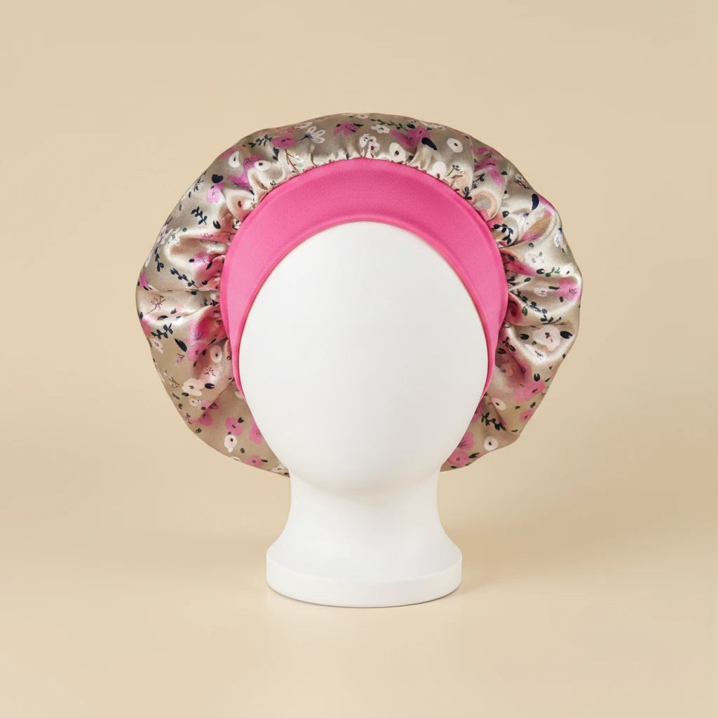 Bonnet en satin imprimé pour cheveux afro, coloris floral rose
