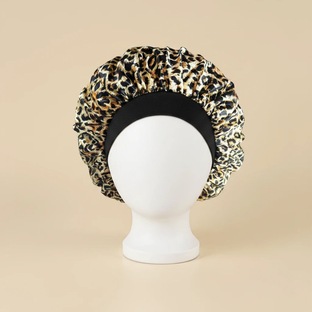 Bonnet en satin imprimé pour cheveux afro, coloris léopard