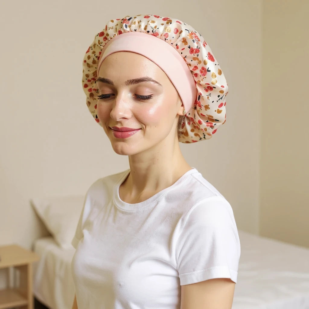 Bonnet en satin imprimé pour cheveux afro, vue de profil trois quarts