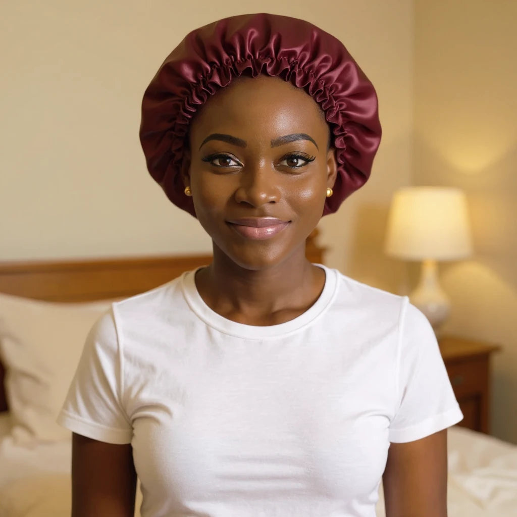 Bonnet en satin grand volume pour cheveux bouclés porté par femme, vue de face — soin nocturne capillaire