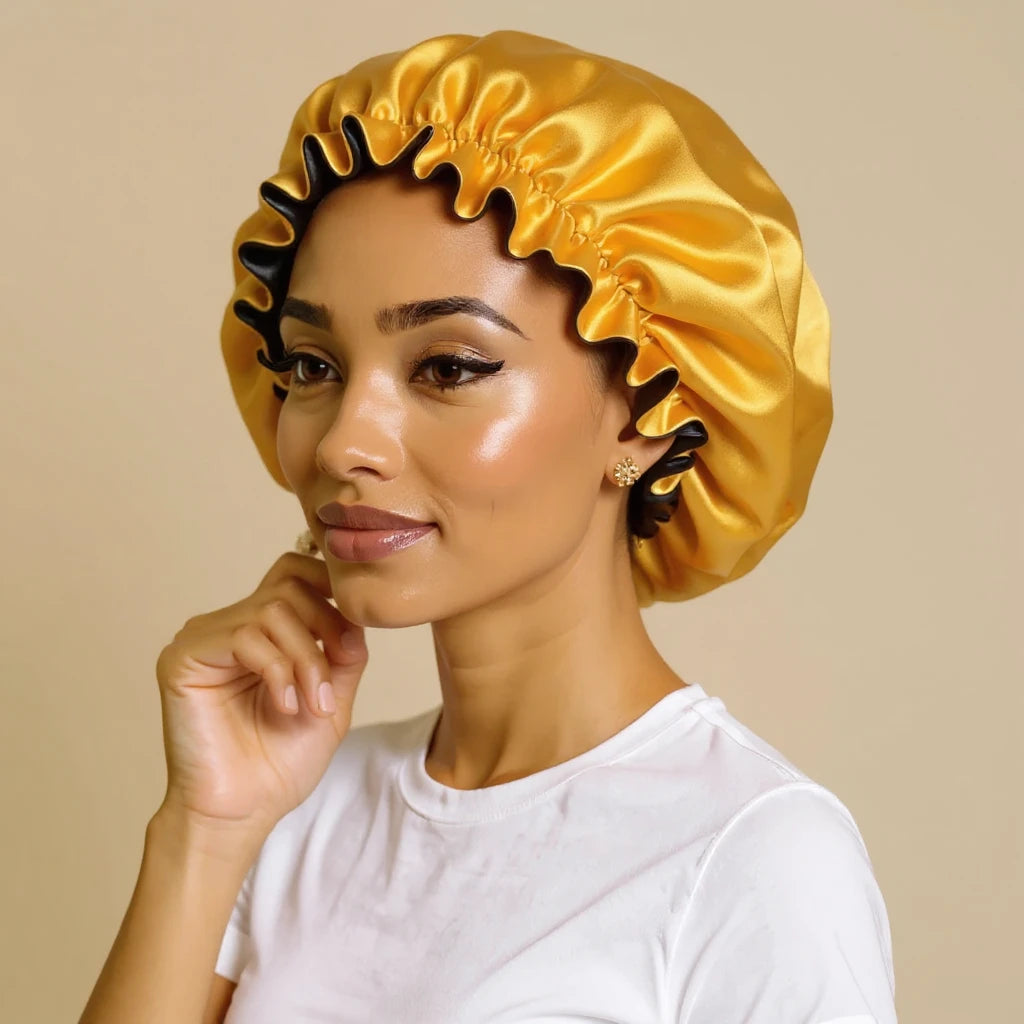 Bonnet en satin pour cheveux bouclés porté par femme, vue de profil 3/4 — détail satin