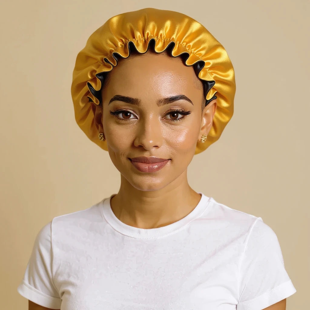 Bonnet en satin pour cheveux bouclés porté par femme, vue de face — soin nocturne capillaire