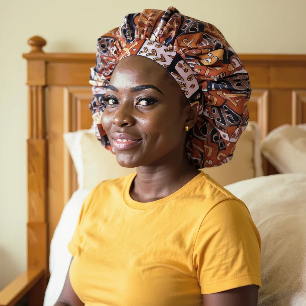 Bonnet en satin motif ethnique, vue de profil trois quarts