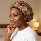 Bonnet en satin à motifs pour cheveux crépus porté par femme, vue de profil 3/4 — détail satin
