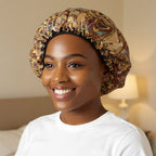 Bonnet en satin à motifs pour cheveux crépus porté par femme, vue de face — soin nocturne capillaire