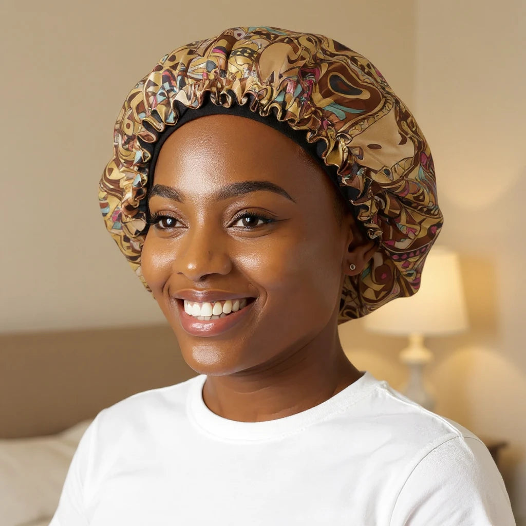 Bonnet en satin à motifs pour cheveux crépus porté par femme, vue de face — soin nocturne capillaire