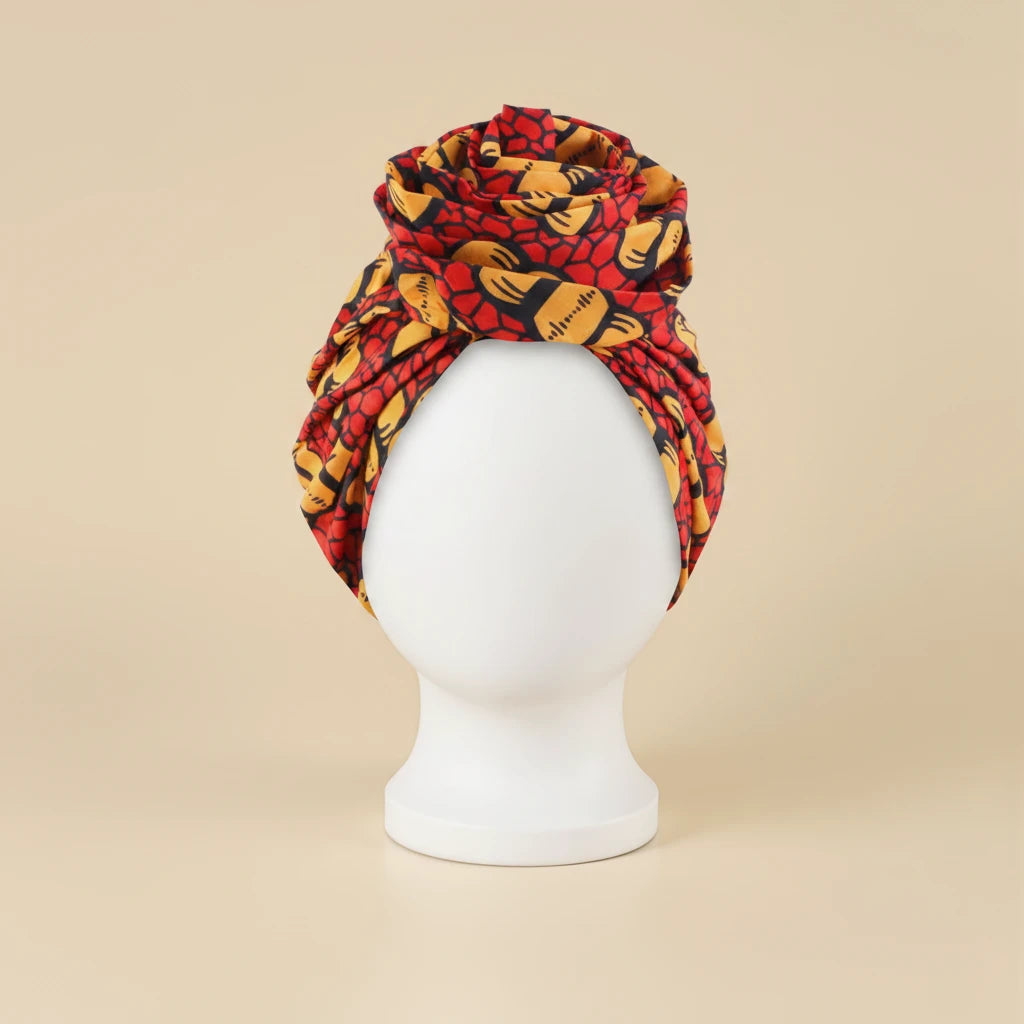 Turban en satin wax africain coloris Motif wax rouge jaune — packshot premium