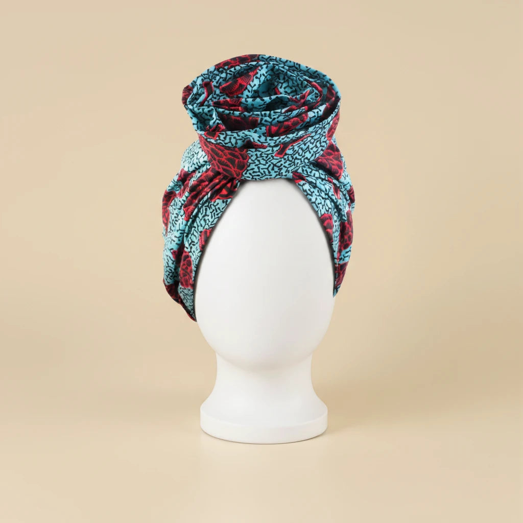 Turban en satin wax africain coloris Motif wax turquoise — packshot premium