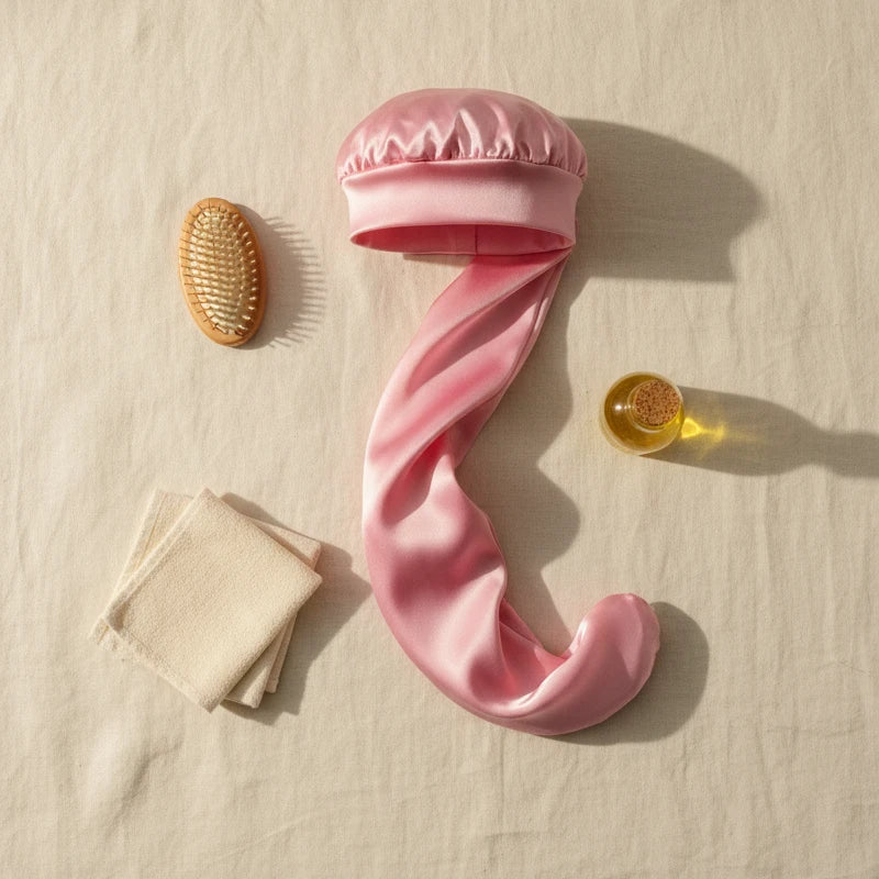 Bonnet en satin pour cheveux lisses, coloris rose