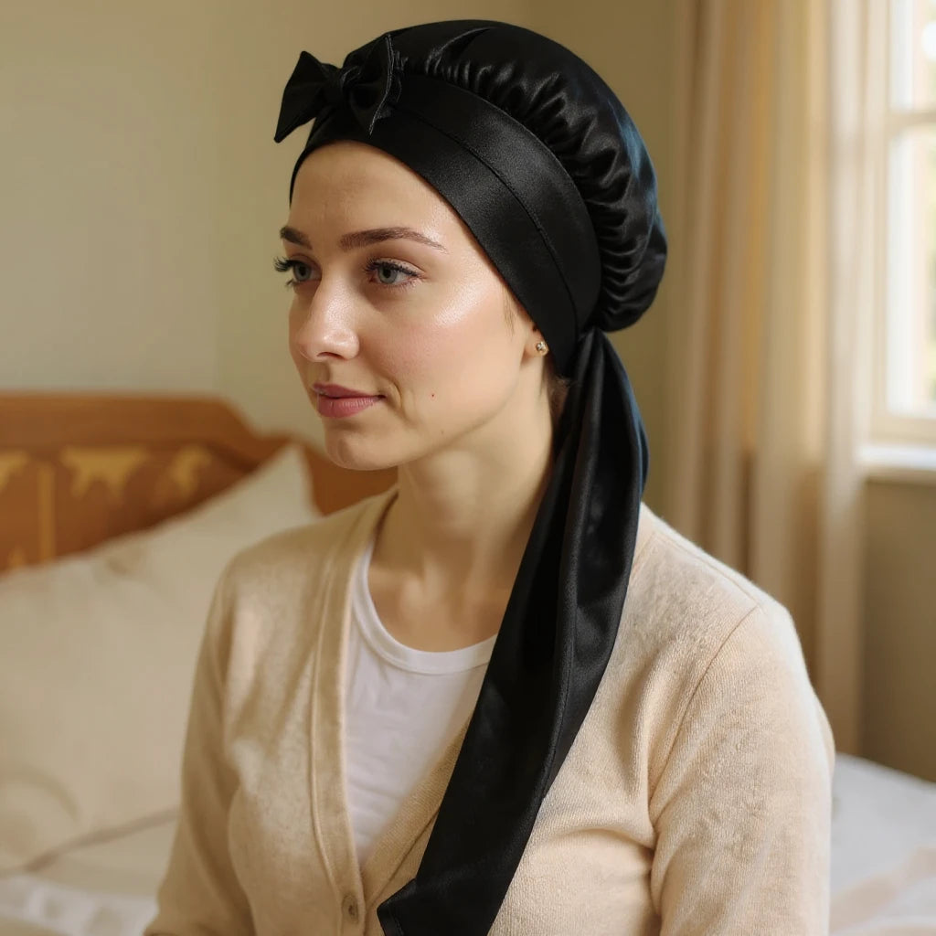 Bonnet en satin pour cheveux longs, vue de profil trois quarts