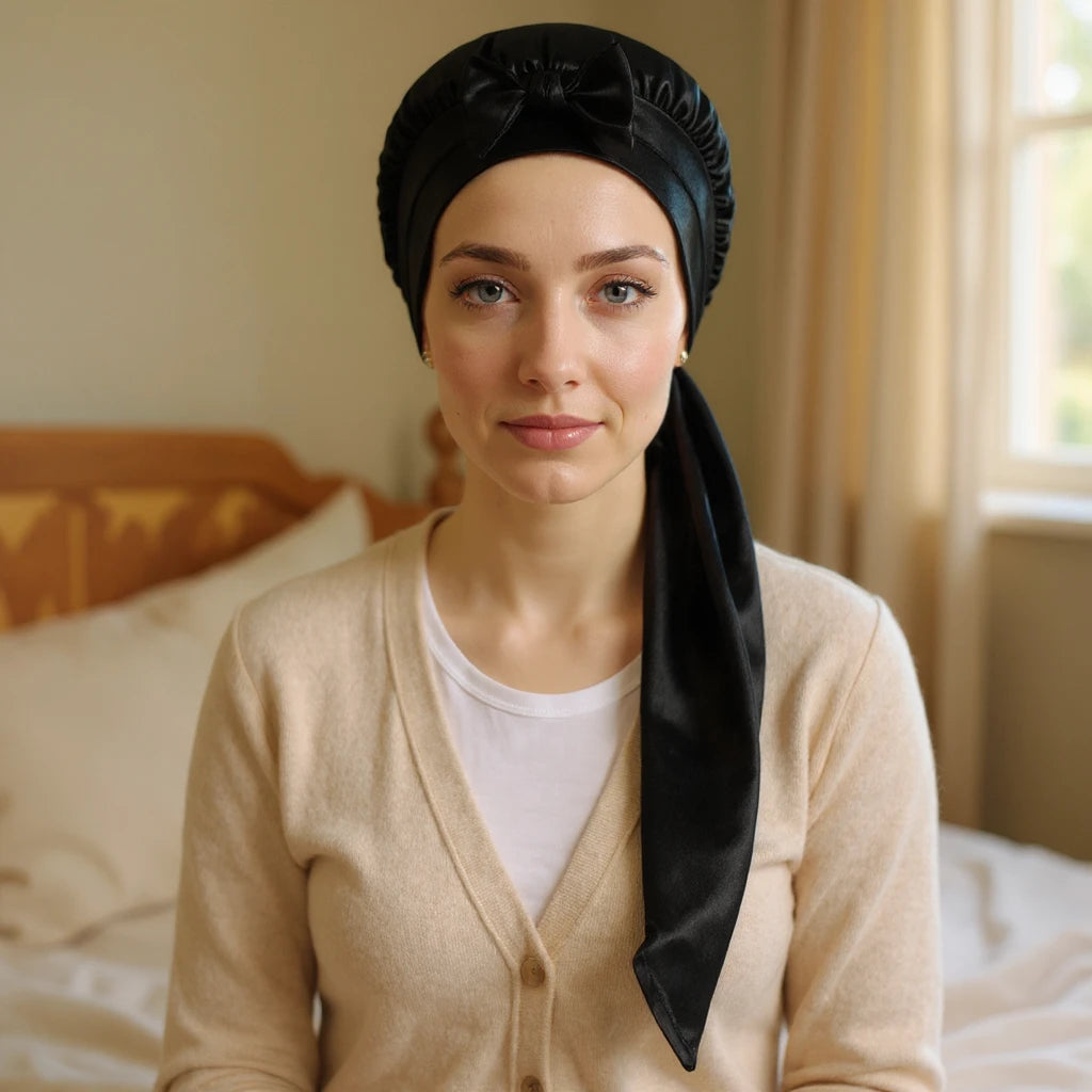 Bonnet en satin pour cheveux longs, vue de face
