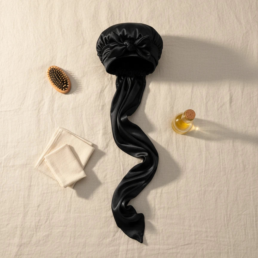 Bonnet en satin pour cheveux longs, coloris noir