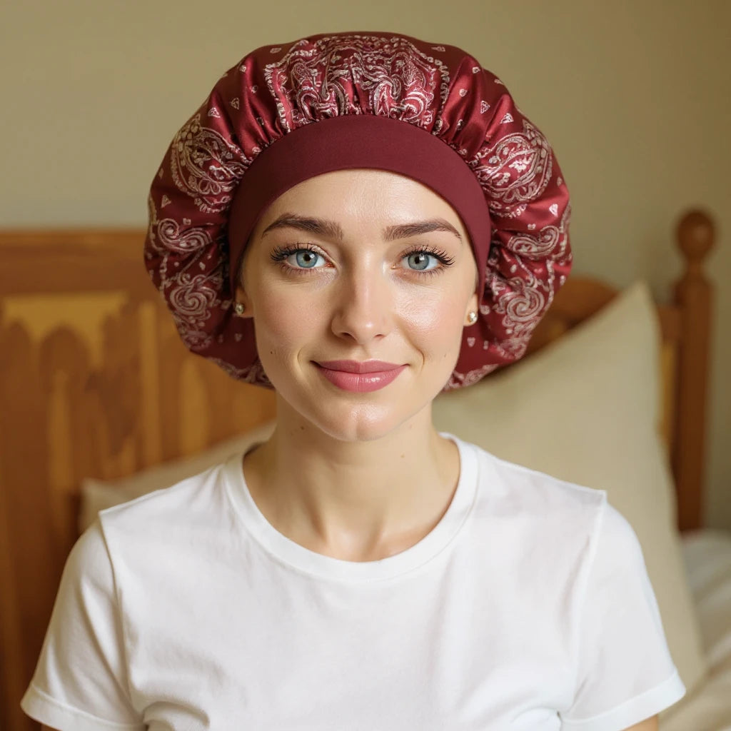 Bonnet de nuit en satin motif paisley porté par femme, vue de face — soin nocturne capillaire