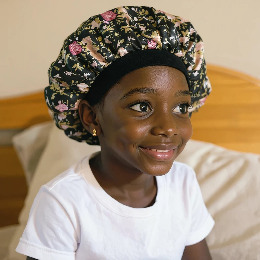 Bonnet en satin enfant motif floral, vue de profil trois quarts