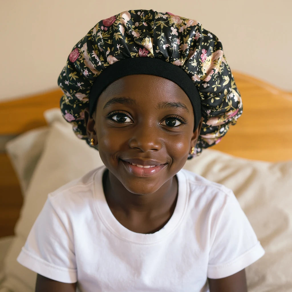 Bonnet en satin enfant motif floral, vue de face