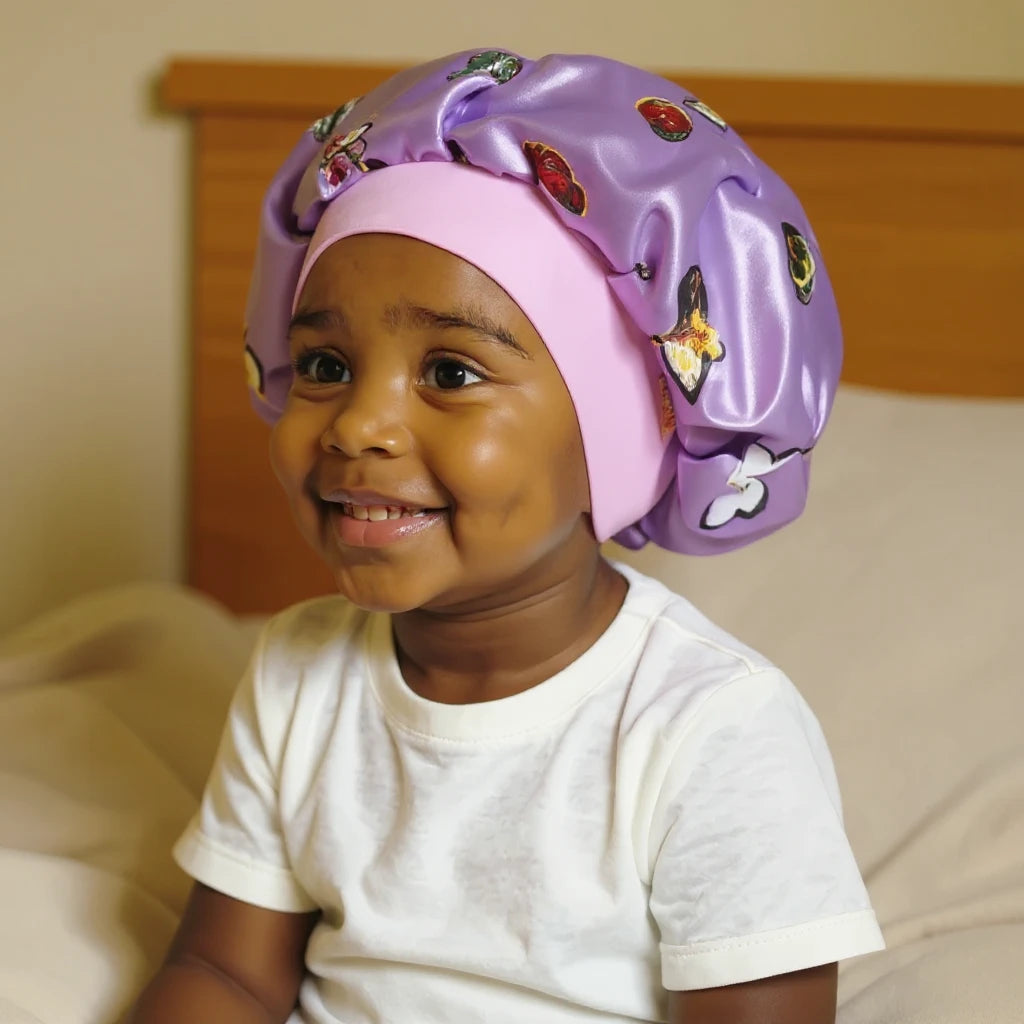Bonnet en satin enfant motif papillons, coloris violet, vue de profil trois quarts
