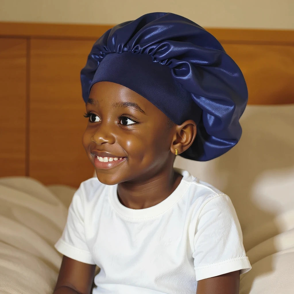 Bonnet en satin enfant, coloris bleu marine, vue de profil trois quarts