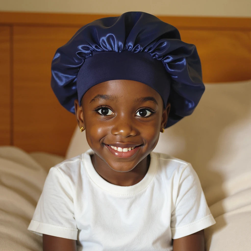 Bonnet en satin enfant, coloris bleu marine, vue de face