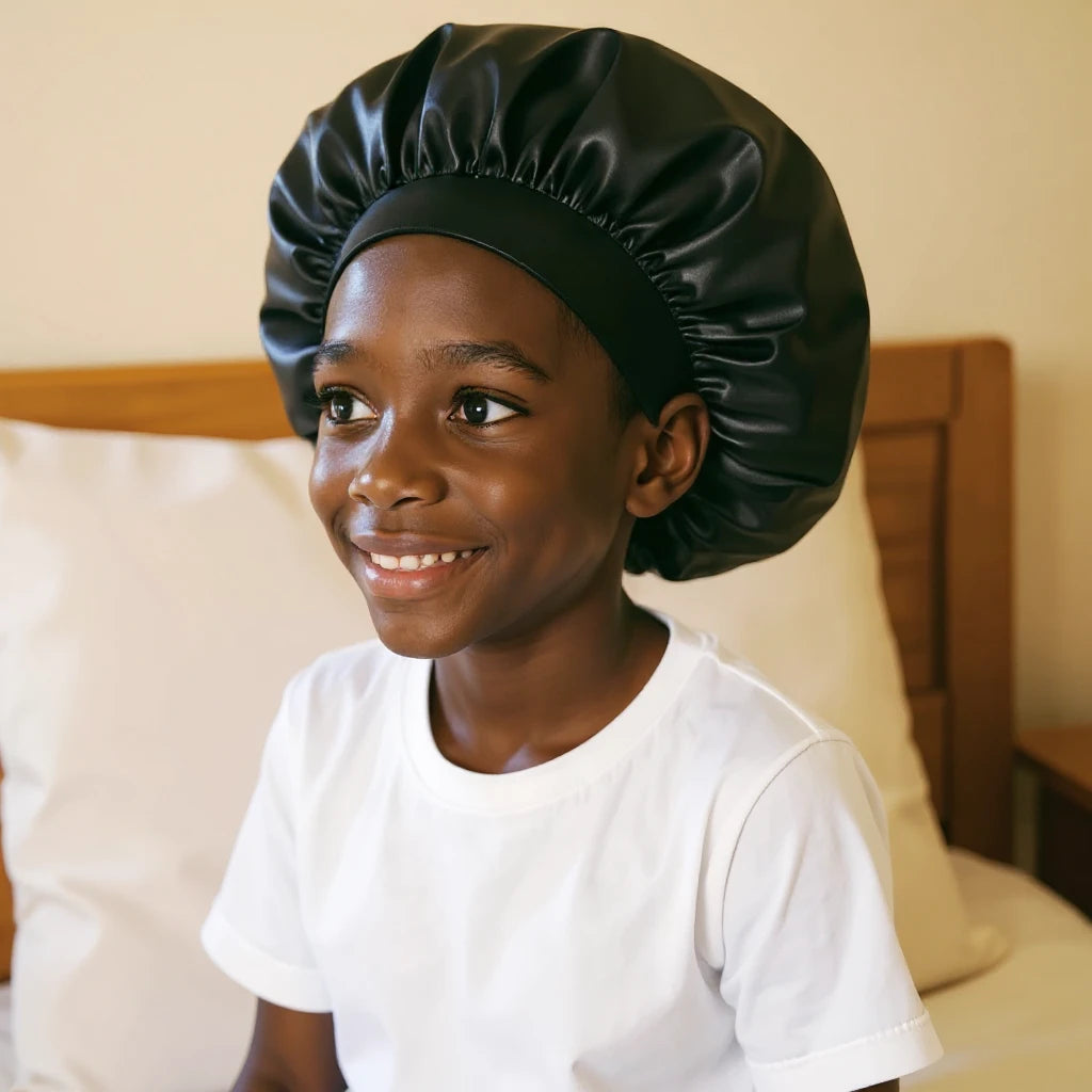 Bonnet en satin enfant, vue de profil trois quarts