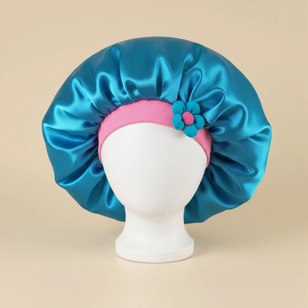 Bonnet en satin enfant à fleur, coloris bleu