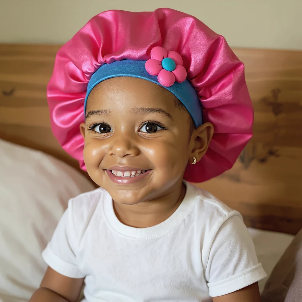 Bonnet en satin enfant à fleur, vue de profil trois quarts